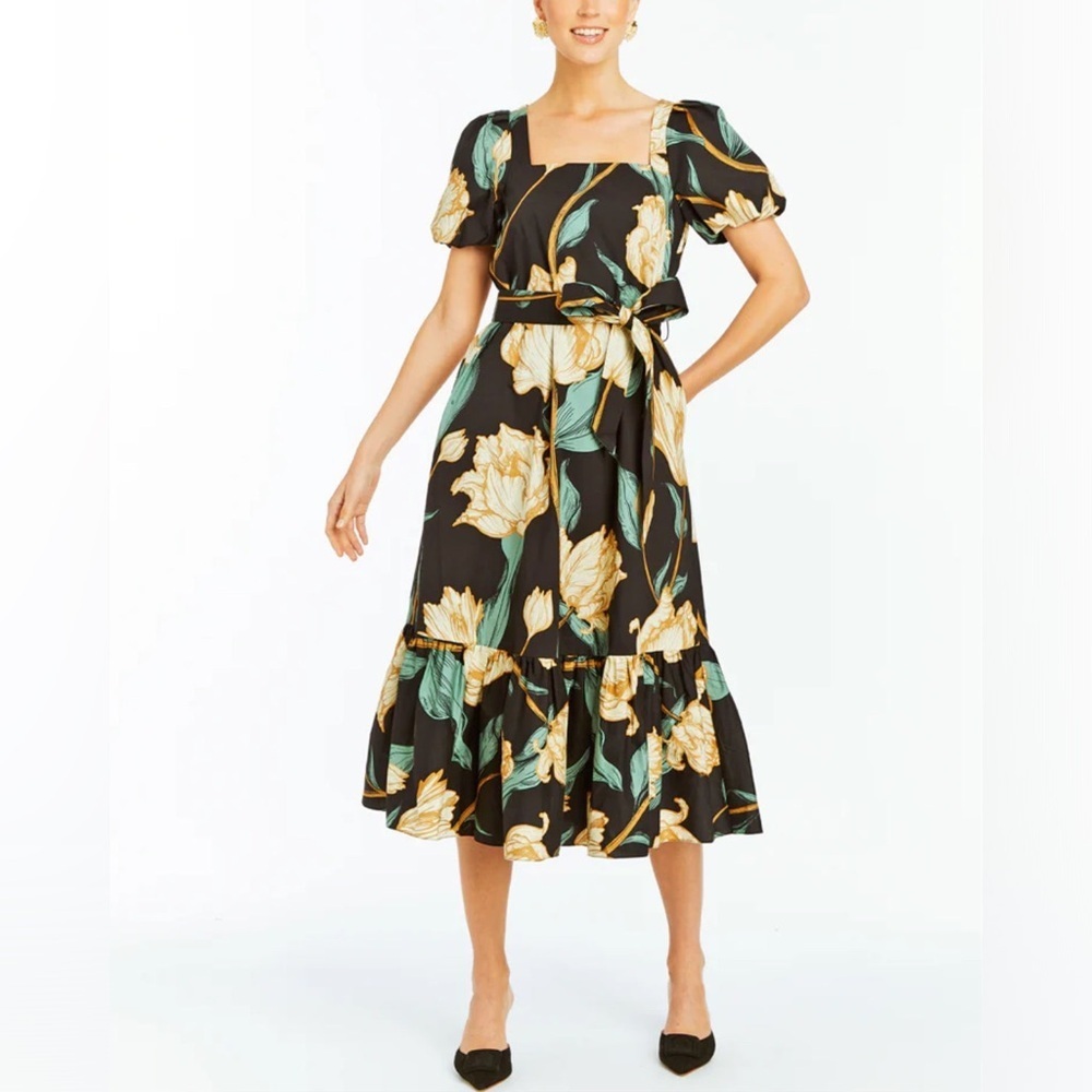 NWT Mestiza New York Jasmine Tiered Floral Print Linen Dress Black Tulip Ivory M